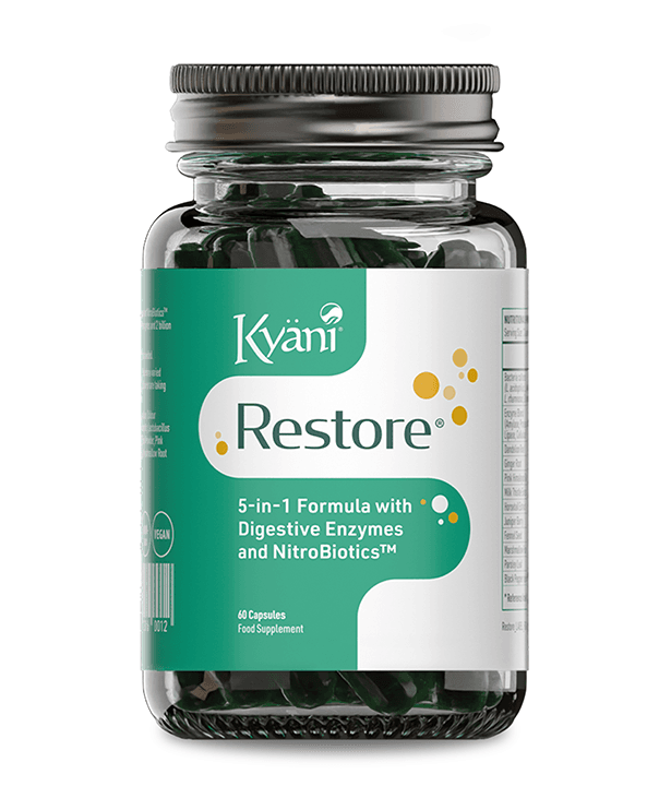 Amare Restore supplement met 9 plantenstoffen, 5 spijsverteringsenzymen en levende bacteriën voor een gezonde darmflora